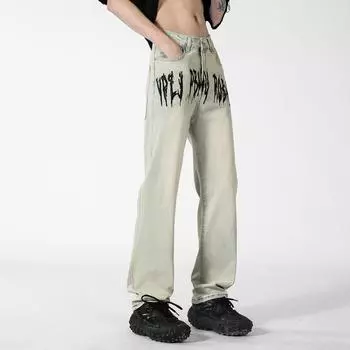 Прямые брюки с принтом, джинсы больших размеров, весенне-осенние мужские свободные брюки M бежевый