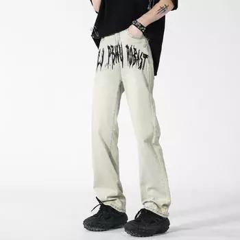 Прямые брюки с принтом, джинсы больших размеров, весенне-осенние мужские свободные брюки M бежевый
