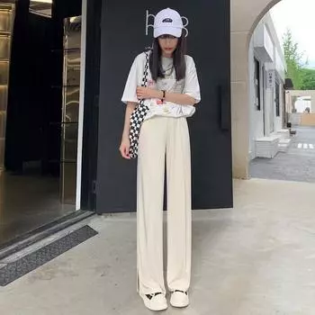 Прямые брюки с широкими штанинами для женщин летом с высокой талией универсальные брюки с заниженной талией тонкие женские брюки в пол S