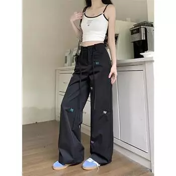 Прямые брюки с высокой талией, вышивкой и бантом, черные брюки-карго, свободные брюки, женские сказочные 00-е, корейский гранж, большие размеры S чёрный