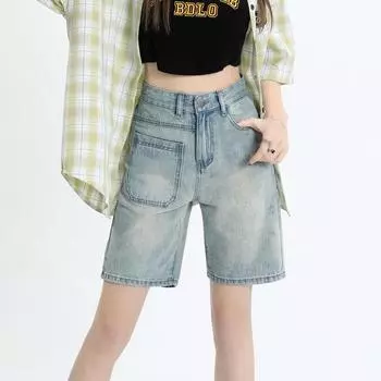 Прямые брюки средней длины в стиле ретро для женщин в этом году, джинсовые шорты с высокой талией и пятью точками. XS синий