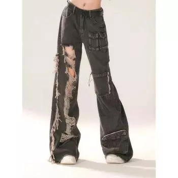 Прямые длинные рваные джинсы с несколькими карманами, женские джинсовые брюки, большие размеры, повседневные бойфренды y2k e-girl, фея 2000-х, гранж S чёрный