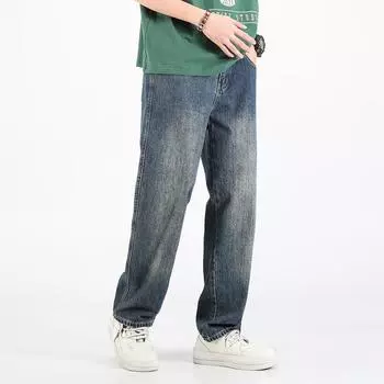 Прямые джинсы больших размеров, широкие брюки, весенне-осенние мужские свободные повседневные драпированные брюки M синий