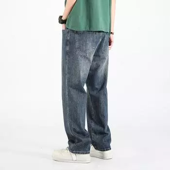 Прямые джинсы больших размеров, широкие брюки, весенне-осенние мужские свободные повседневные драпированные брюки M синий
