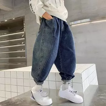 Прямые джинсы для мальчиков с надписью «пэчворк» и множеством карманов, потертые, потертые, подростковые, свободные, повседневные, джинсовые брюки 170cm синий