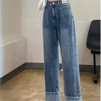 Прямые джинсы для женской весны и осени, новый стиль, с подворотами, эластичная талия, брюки-сигареты XS