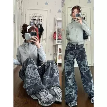 Прямые джинсы с принтом дракона, женские джинсовые брюки, брюки y2k, женская одежда, уличная одежда-карго, свободная одежда в стиле Харадзюку, готический гранж, бойфренд, bf S EU34 US2 RU40 чёрный