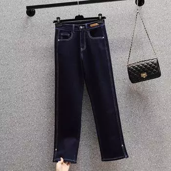 Прямые джинсы с разрезами, женские эластичные брюки до щиколотки с высокой талией, женские эластичные повседневные джинсовые брюки Mujer Pantalones XXL темно-синий