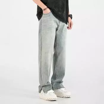 Прямые джинсы с разрезом по бокам, брюки больших размеров, весенне-осенние мужские свободные широкие брюки M светло-синий