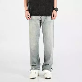 Прямые джинсы с разрезом по бокам, брюки больших размеров, весенне-осенние мужские свободные широкие брюки M светло-синий