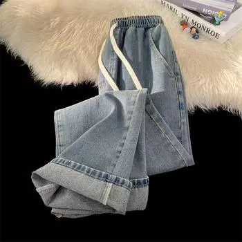 Прямые джинсы унисекс с эластичной резинкой на талии в стиле ретро — модный американский уличный стиль для весны и осени XXL