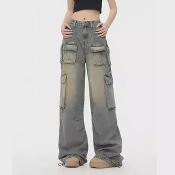 «Прямые джинсы в стиле ретро 2023 года»: Унисекс, летний стиль, широкие штанины M серый