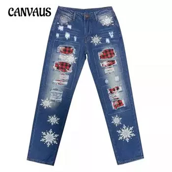 Прямые джинсы женские брюки с рождественским принтом в виде снежинок рваные джинсовые брюки S синий