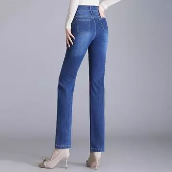 Прямые джинсы, женские брюки с высокой талией, тонкие простые эластичные длинные брюки 26 синий