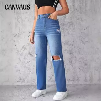 Прямые джинсы, женские брюки, застиранные и рваные, неэластичные широкие брюки S синий