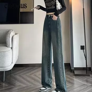 Прямые джинсы Женские флисовые джинсы Весна и осень Свободные драпированные широкие брюки с высокой талией Джинсы из денима XS