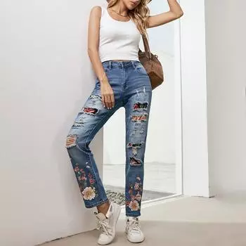 Прямые джинсы Женские рваные джинсы Джинсы-бойфренды Потертые брюки из эластичного денима Джинсы в стиле пэчворк L синий