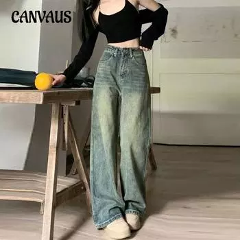 Прямые джинсы женские весенне-осенние повседневные грушевидные повседневные ностальгические винтажные свободные широкие брюки в пол S синий