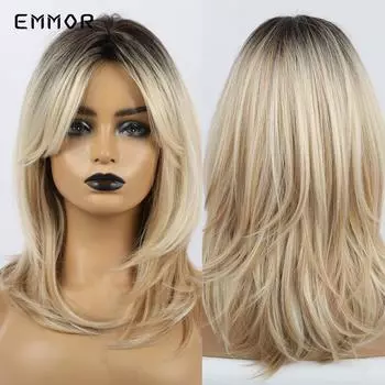 Прямые коричневые синтетические парики блондинки с омбре с челкой для женщин, мягкие многослойные термостойкие парики для повседневного использования для косплея