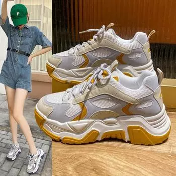 Прямые поставки с фабрики, женские туфли для пап, новые, с толстой подошвой, с круглым носком, с мягкой поверхностью, модные, повседневные, подходящие по цвету, усиливающие эффект, спортивная обувь на подошве «маффин» 35 жёлтый