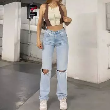 Прямые потертые джинсы с высокой талией Синие брюки Женские джинсы из хлопкового денима XXL синий