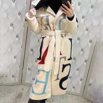 Прямые продажи 2025 года, модное женское пальто с надписью большого размера, длинное шерстяное пальто для женщин S бежевый