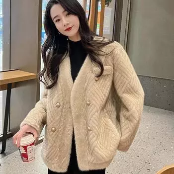 Прямые продажи искусственной норки меховая женская интегрированная шуба, зимнее двубортное плюшевое пальто с V-образным вырезом S 53kg