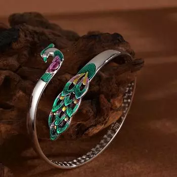 Прямые продажи от производителя, эмалевый серебряный браслет в виде павлина с этническим стилем, ретро-браслет с клеевым слоем Феникса в качестве подарка на день рождения для друзей Adjustable size