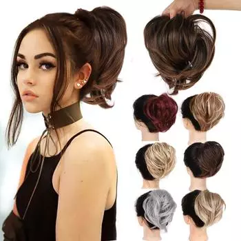 Прямые резинки для волос для девочек-шиньоны с эластичной резинкой Синтетическое кольцо для волос Черно-серая накидка на хвостик Небрежный пучок Пончик