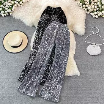 Прямые широкие брюки с эластичной резинкой на талии и блестками, женские брюки, новинка лета 2022, свободные висячие повседневные брюки с высокой талией One Size чёрный