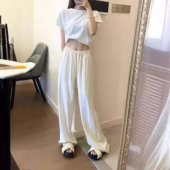 Прямые широкие брюки с высокой талией, узкие брюки для женщин, тонкие повседневные драпированные капри из тенселя в корейском стиле, костюмные брюки S слоновая кость