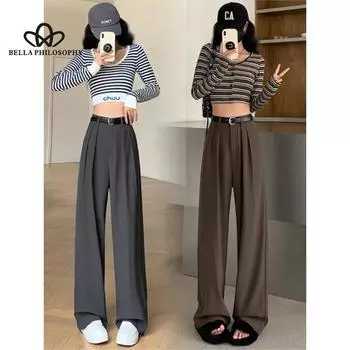 Прямые широкие коричневые брюки в стиле ретро, винтажные женские корейские повседневные длинные темно-синие брюки с высокой талией, белые бежевые брюки XS чёрный