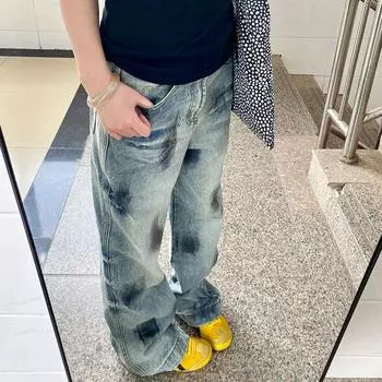 Прямые синие джинсы с цветными блоками в горошек, женские джинсовые брюки больших размеров, повседневная одежда для бойфренда 2024, уличная одежда в стиле Харадзюку S синий