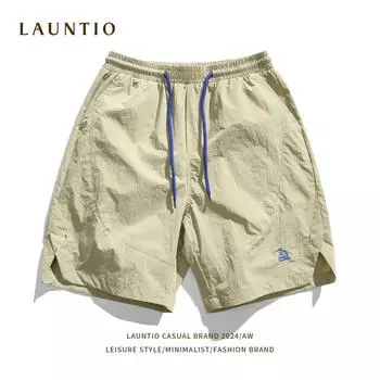 Прямые свободные и универсальные капри с вышитым дизайном на шнурке для повседневных мужских шорт M хаки