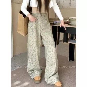 Прямые тонкие длинные джинсы с цветочным принтом, женские джинсовые брюки, большие размеры 3XL, повседневная корейская одежда для бойфренда 2024, y2k e-girl 2000s S