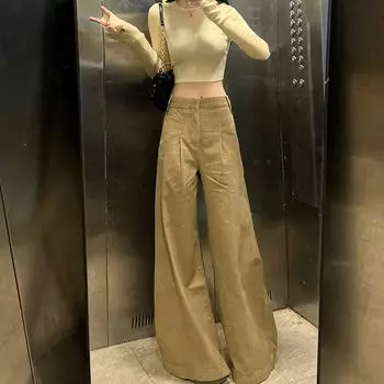 Прямые тонкие длинные желтые джинсы цвета хаки, женские джинсовые брюки больших размеров, повседневная одежда 2024, корейская ткань y2k e-girl, феякор 2000-х, гранж S