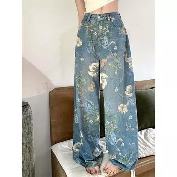 Прямые узкие длинные джинсы с цветочным принтом, женские джинсовые брюки, большие размеры 4XL, повседневная корейская одежда для бойфренда 2024, y2k e-girl 2000s S синий