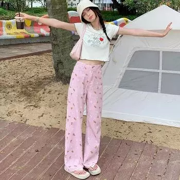 Прямые узкие длинные джинсы с принтом медведя, женские джинсовые брюки размера плюс 4XL, милые повседневные брюки 2024, корейская ткань y2k e-girl Fairycore 2000s S розовый