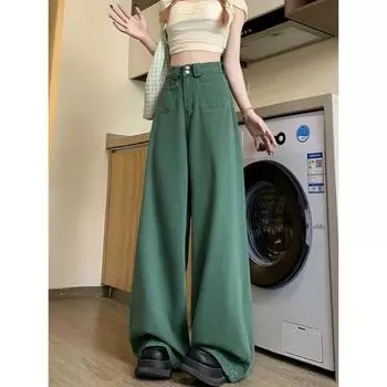 Прямые узкие длинные зеленые джинсы, женские джинсовые брюки больших размеров, повседневные брюки для мамы в стиле бойфренда, 2024, винтажные y2k, Fairycore 00s, гранж S зелёный