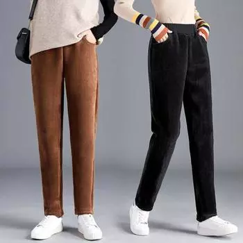 Прямые вельветовые брюки с высокой талией, эластичным поясом и карманами, женские осенне-зимние однотонные брюки на флисовой подкладке 3XL чёрный