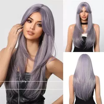 Прямые волосы, фиолетовый, длинный парик средней длины, женский парик на всю голову, длинные волосы, восьмизначная челка 55cm