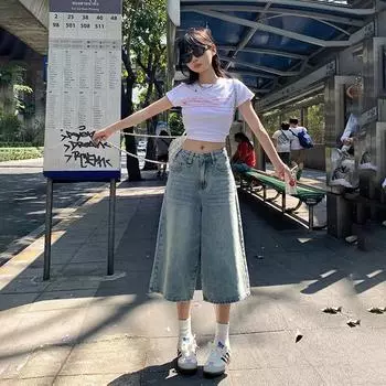 Прямые женские джинсы-трубы в стиле ретро с высокой талией в стиле ретро для женщин, свободные и универсальные модные капри XS чёрный