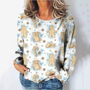 Пряничная фигурка с принтом в виде 3D-принта, женская футболка, осенняя, с круглым вырезом, с длинными рукавами, повседневная одежда больших размеров, хлопковая футболка с верхом S