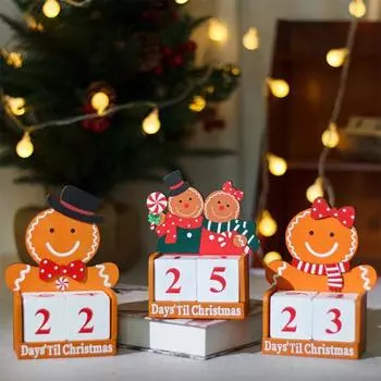 Пряничный человечек Рождественский календарь обратного отсчета Деревянные блоки Настольное украшение Праздничный адвент-календарь для декора офисного стола A