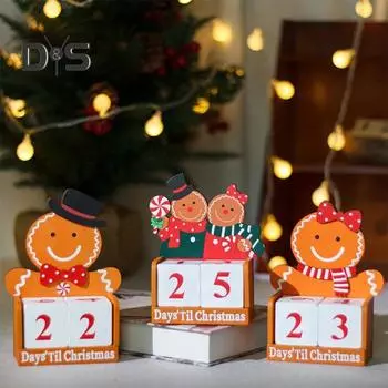 Пряничный человечек Рождественский календарь обратного отсчета Деревянные блоки Настольное украшение Праздничный адвент-календарь для декора офисного стола A