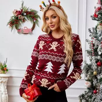 Пряничный человечек вязаный рождественский свитер винно-красный повседневный с длинным рукавом рождественская елка полосатый теплый свитер осень/зима S красный