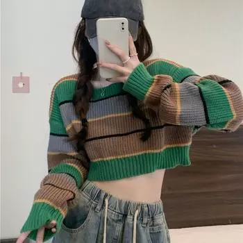 Пряный короткий цветной свитер с длинными рукавами в контрастную полоску, женский весенне-осенний свободный универсальный пиджак, вязаный свитер, пуловер One Size зелёный