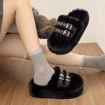 Пряжка для ремня Mao Mao тапочки женские 2024 осень и зима новая верхняя одежда сумка голова толстая подошва увеличение высоты маленькие плюшевые хлопковые туфли 35 чёрный