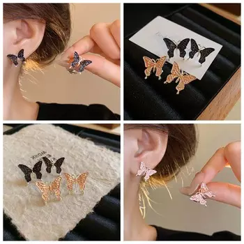 Пряжка для ушей, металлическая бабочка, серьги-гвоздики, мини-милые бабочки, корейский стиль, серьги для улицы чёрный