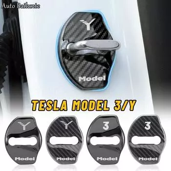Пряжка дверного замка автомобиля, дверной замок, черный/металлический стикер из углеродного волокна для Tesla Model Y Model 3 2023 2022 чёрный